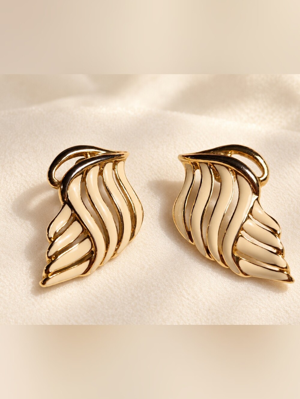 Vintage Signed Trifari Cream Enamel & Gold-Tone Sculptural Statement Earrings